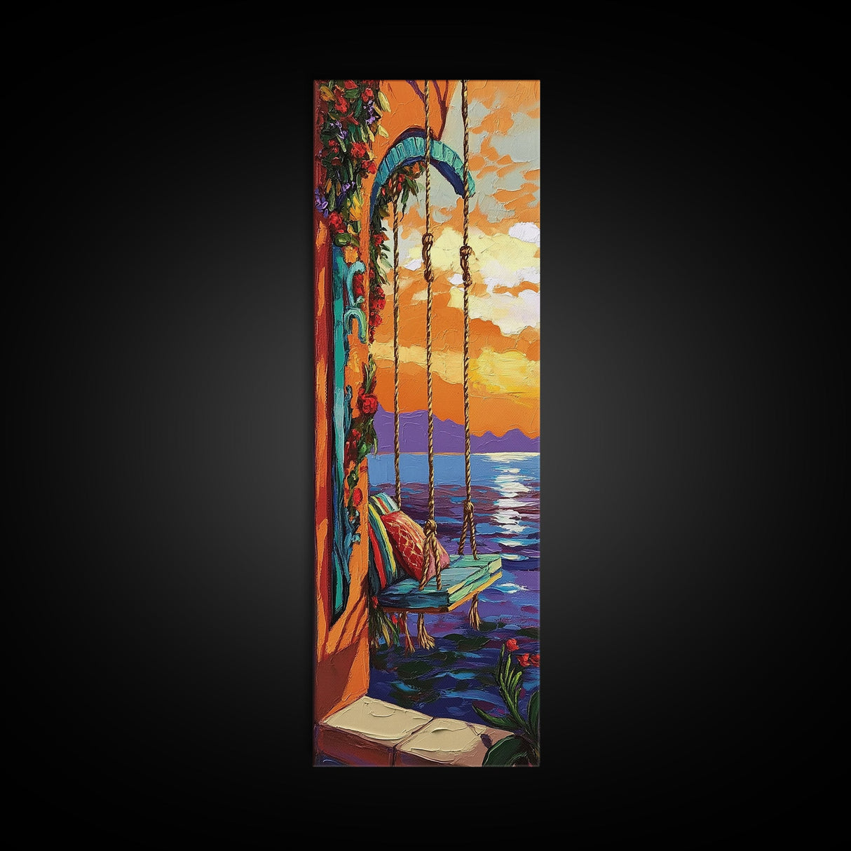 Swing Balcony, Sunset Painting, Framed Canvas Print, cozy seaside, balcony swing view, dreamy boho home decor, tropical romantic sunset wall art