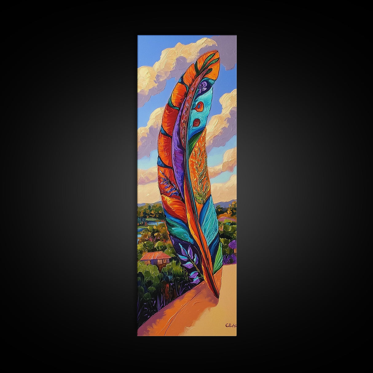 Feather Sky, Tribal Colorful, Bold feather landscape Framed Canvas Print, boho chic wall art, meditation room wall decor