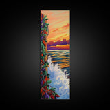 Sunset Waves, Colorful Leaves, Beach Serenity, Framed Canvas Print, vibrant ocean wall decor, boho coastal living room art