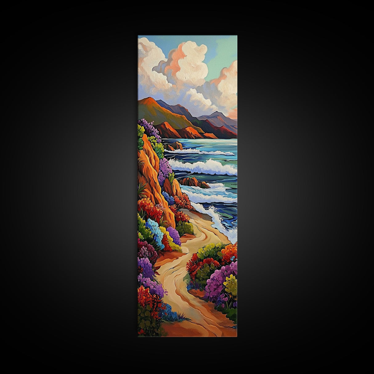 Ocean Cliffside, Wildflowers Path, Canvas Print colorful coastal path painting, vibrant nature landscape, modern beach art, kitchen wall decor