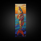 Tribal Fish, Ocean Sunset, Nautical Folk Art, Framed Canvas Print, coastal kitchen decor, whimsical ocean creature, colorful boho wall art