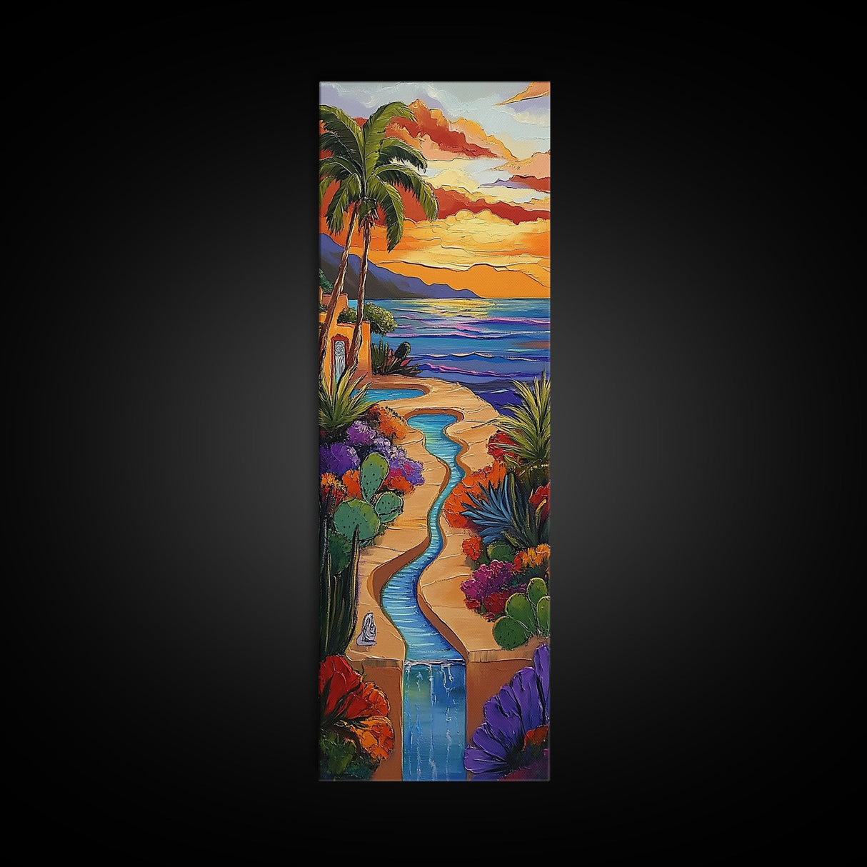 Sunset, Palms, Cactus, Stream - Framed Canvas Print, Tropical Desert Wall Art, Southwest Coastal Decor, Colorful Living Room Boho Painting