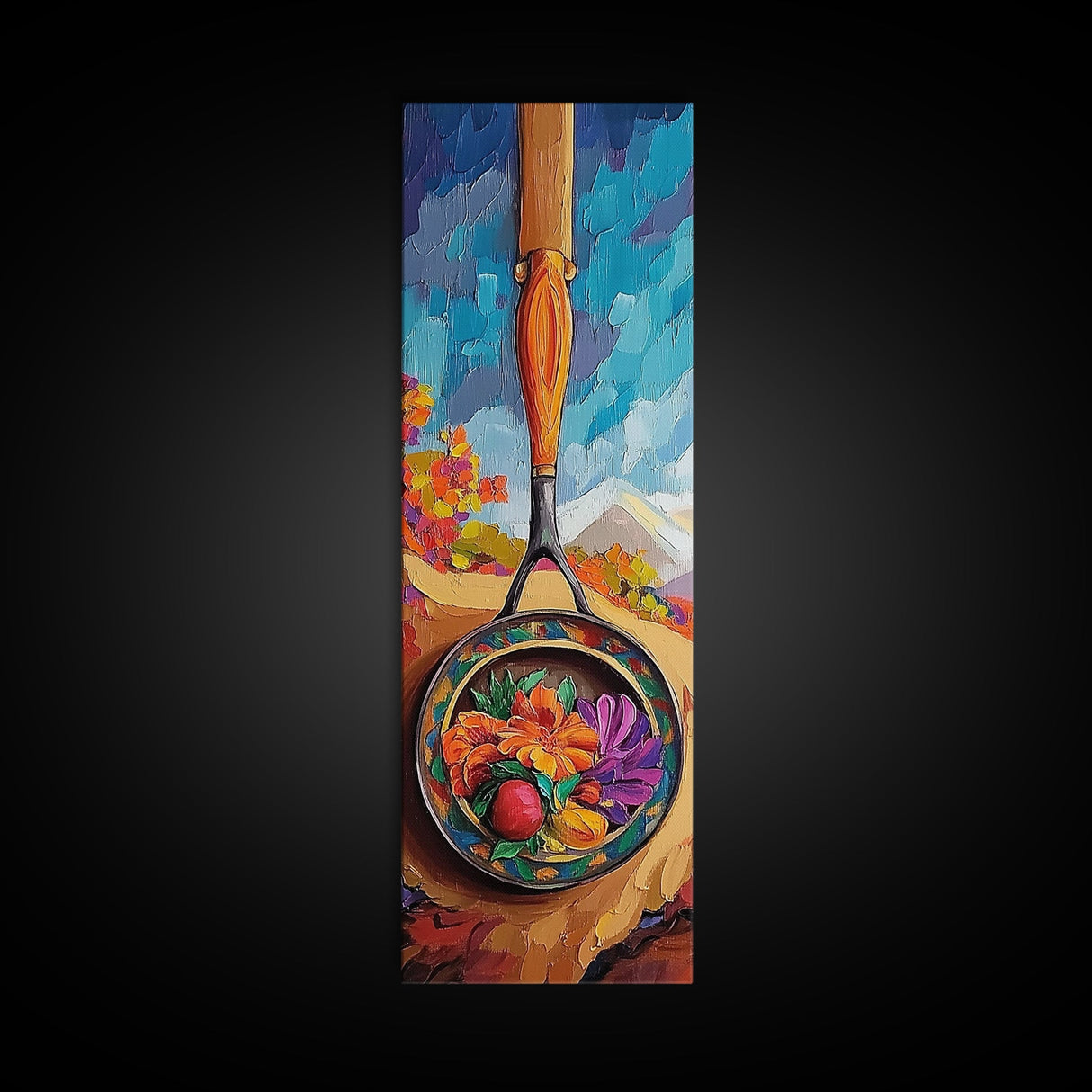 Frying, Pan, Fruit, Flowers, Framed Canvas Print, Kitchen wall decor, farmhouse fall art, rustic home accent, colorful culinary still life