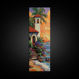 Seaside, Villa, Sunset, Palms, Framed Canvas Print, Coastal tropical wall art, beach house decor, boho living room painting, colorful home vibes