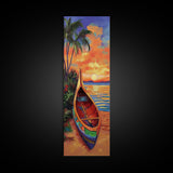 Sunset, Boat, Beach, Tropical, Framed Canvas Print, coastal boat painting, beach wall art, living room decor, colorful sunset, nautical art