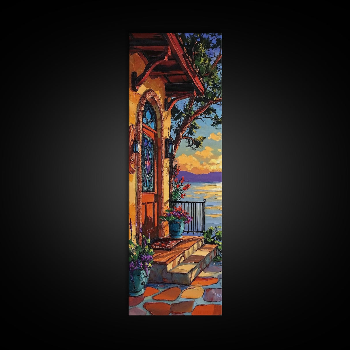 Doorway, Ocean, Mediterranean, Flowers, Framed Canvas Print, Mediterranean doorway wall art, ocean view canvas print, flower entryway painting