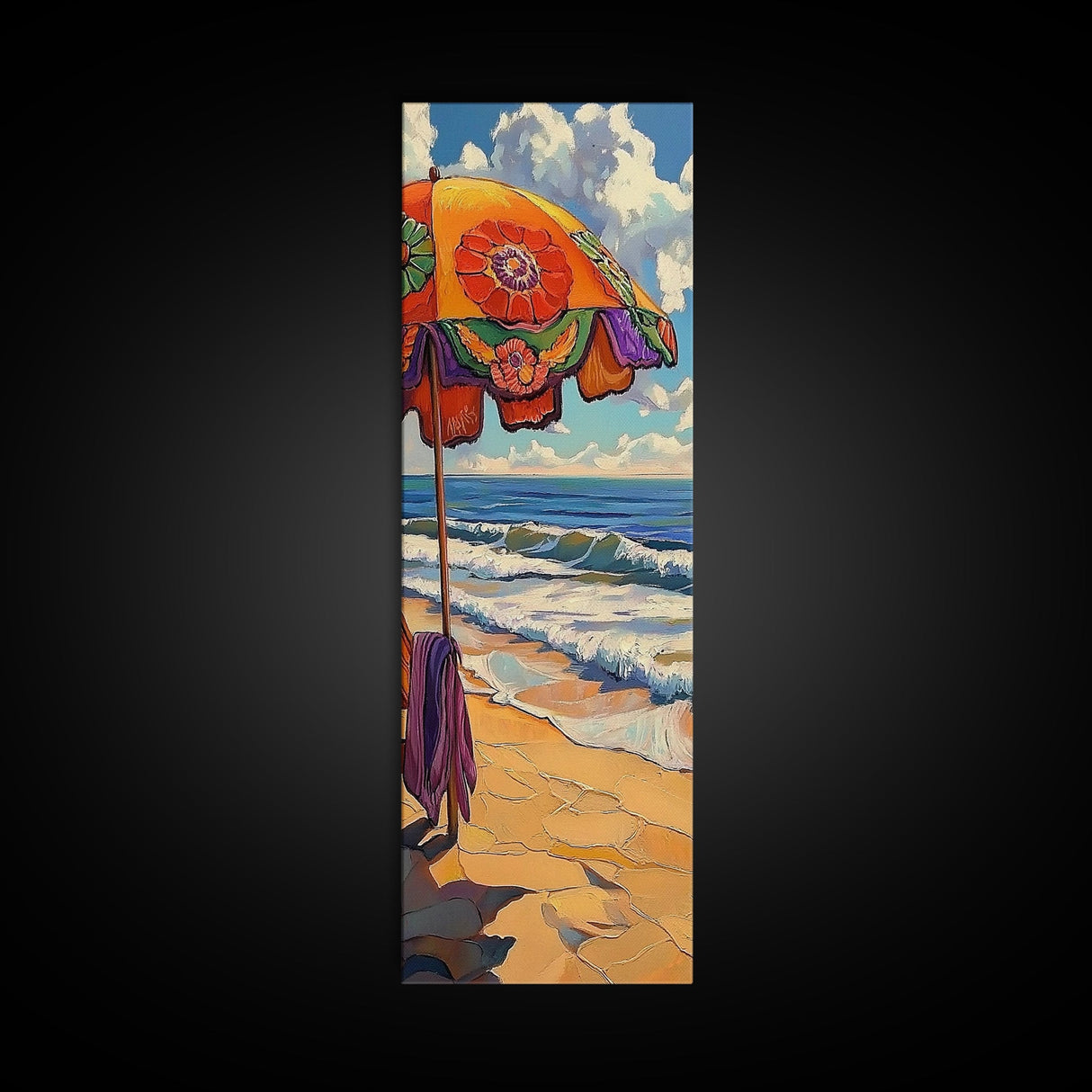 Beach, Umbrella, Waves, Retro Summer Vibes Coastal Framed Canvas Print, Colorful Ocean Wall Art, Beach House Decor, Living Room Art