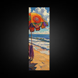 Beach, Umbrella, Waves, Retro Summer Vibes Coastal Framed Canvas Print, Colorful Ocean Wall Art, Beach House Decor, Living Room Art