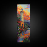 Lighthouse, Mountains, Sunset, Water, Framed Canvas Print, Coastal Landscape Wall Art, Nautical Home Decor, Vibrant Living Room Artwork