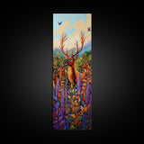 Elk, Meadow, Nature, Art, Framed Canvas Print featuring deer herd in wildflowers, cozy lodge style, Autumn cabin decor, rustic wall art