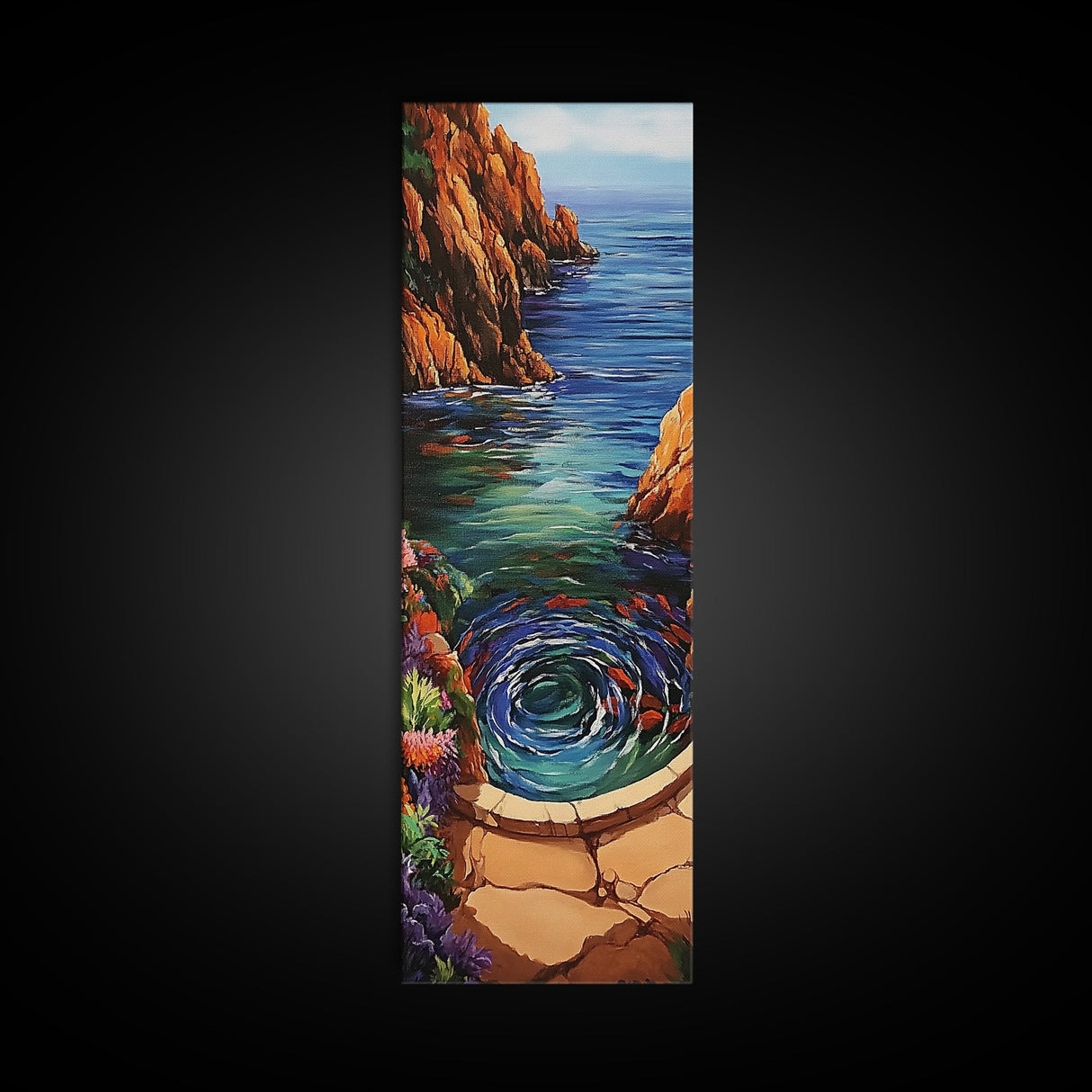 Ocean, Vortex, Cliffside, Landscape, Framed Canvas Print with ocean whirlpool, mystical seascape, fantasy art, coastal bathroom wall art