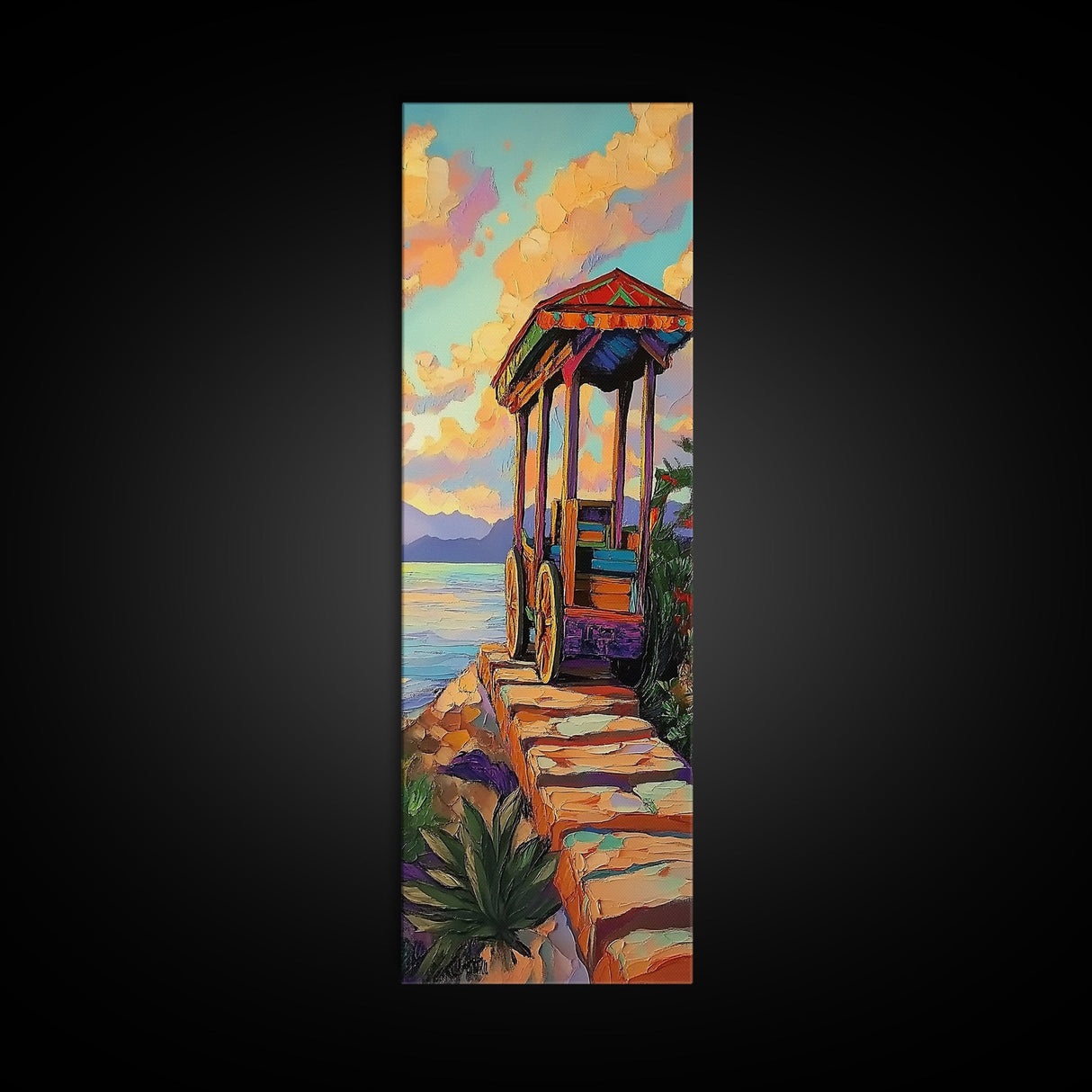 Wagon, Desert, Sunset, Vibes, Framed Canvas Print with rustic colorful wagon, boho western decor, entryway wall art, farmhouse aesthetic