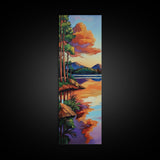 Lake, Pines, Sunset, Art, Framed Canvas Print of forest lakeside at golden hour, tranquil nature art, cozy cabin wall decor, Fall vibes