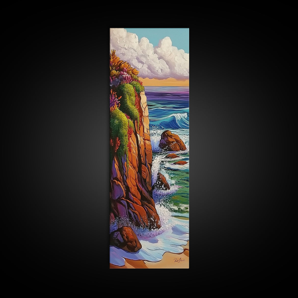 Cliff, Ocean, Waves, Nature, Framed Canvas Print of dramatic coastal waves, serene beach art, bathroom wall decor, ocean lover gift