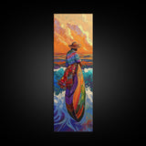Woman, Sunset, Canoe, Vibrant Mexican Sunset Canvas Print, Latin American Decor, Living Room Wall Art, Bohemian Coastal Painting