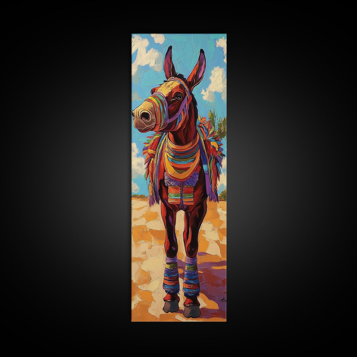 Donkey, Fiesta, Colorful, Fun, Framed Canvas Print with southwestern folk art, playful animal design, boho kids room, kitchen decor