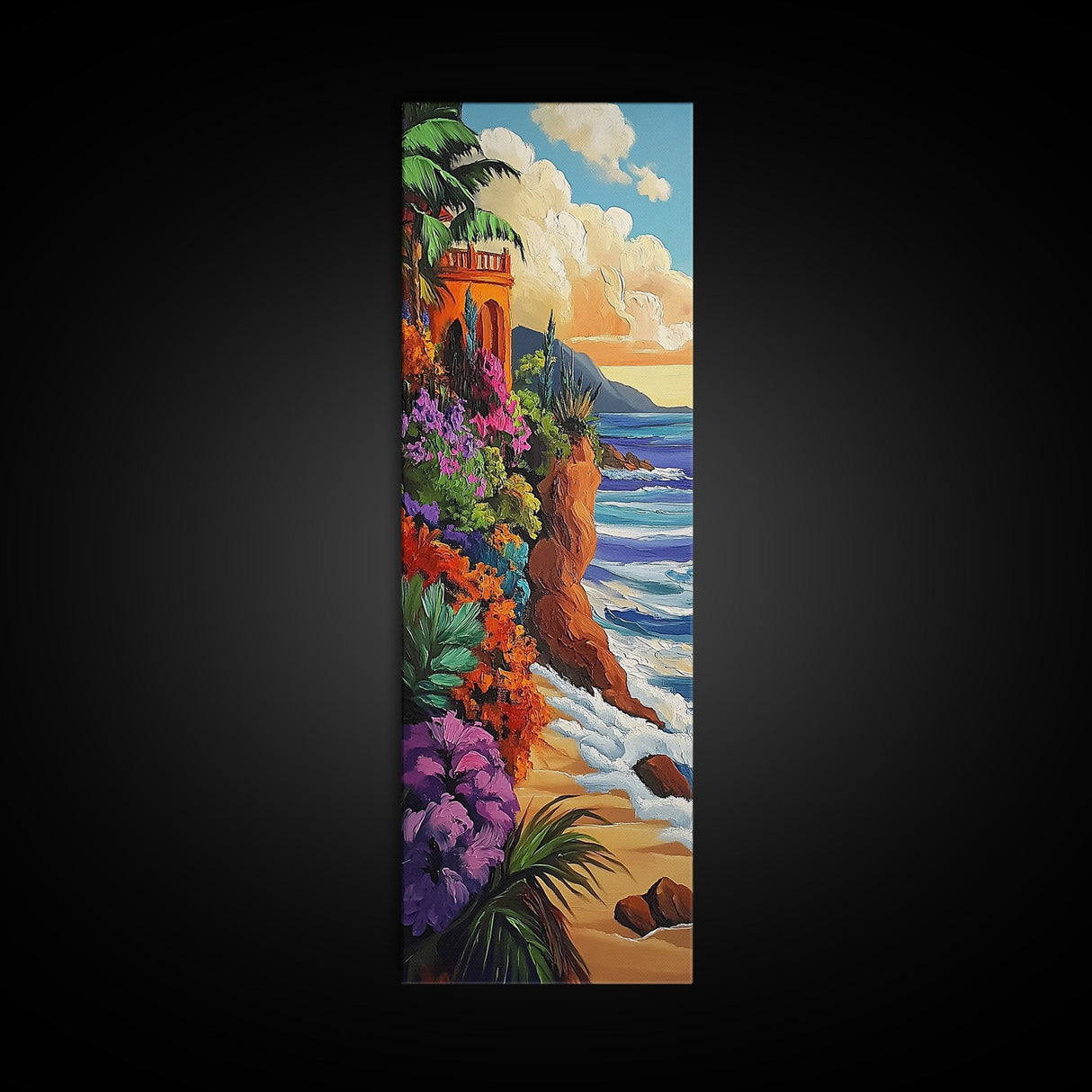 Ocean, Flowers, Cliff, Sunset, Framed Canvas Print, Vibrant Coastal Landscape, Dining Room Wall Art, Colorful Beachside Decor