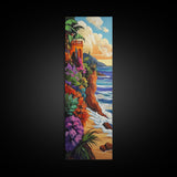 Ocean, Flowers, Cliff, Sunset, Framed Canvas Print, Vibrant Coastal Landscape, Dining Room Wall Art, Colorful Beachside Decor