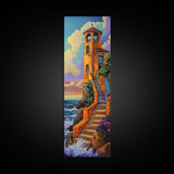 Tower, Steps, Ocean, Chapel, Framed Canvas Print, Vibrant Seaside Wall Art, Entryway Decor, Coastal Sunset Scene