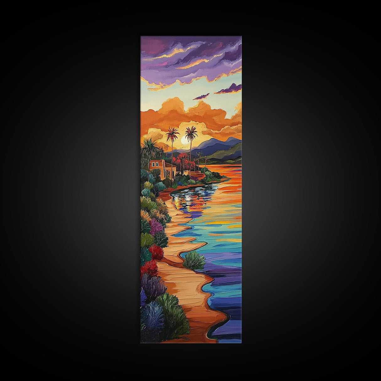Sunset, Palm Trees, Water, Reflection, Framed Canvas Print, Tropical boho art ideal Living Room Wall Art or Beach House Coastal Decor