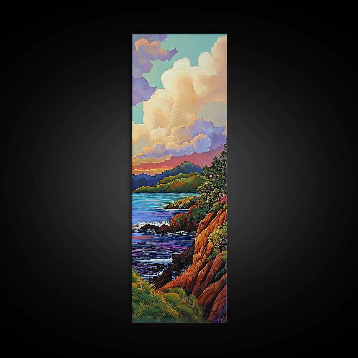 Coastal, Sunset, Cliffs, Horizon, Framed Canvas Print, Bold ocean view in painterly style, perfect Living Room Wall Art or Nature Inspired Decor
