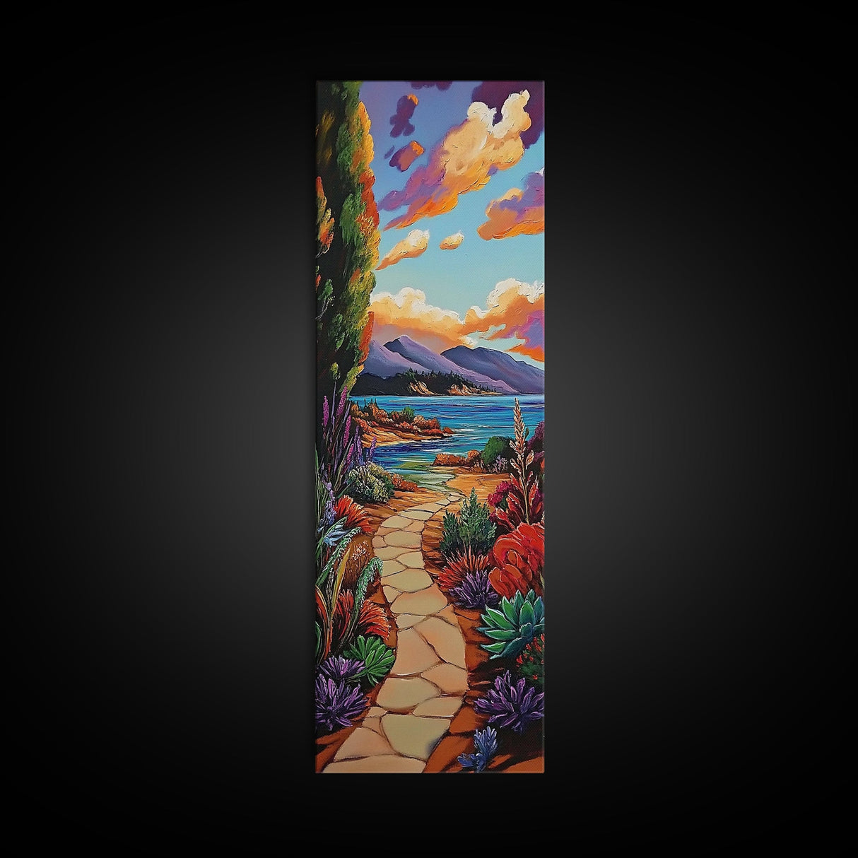 Coastal Trail, Ocean Cliffs, Vibrant Shoreline Art, Tropical Nature Decor, Scenic Summer Landscape, Framed Canvas Print