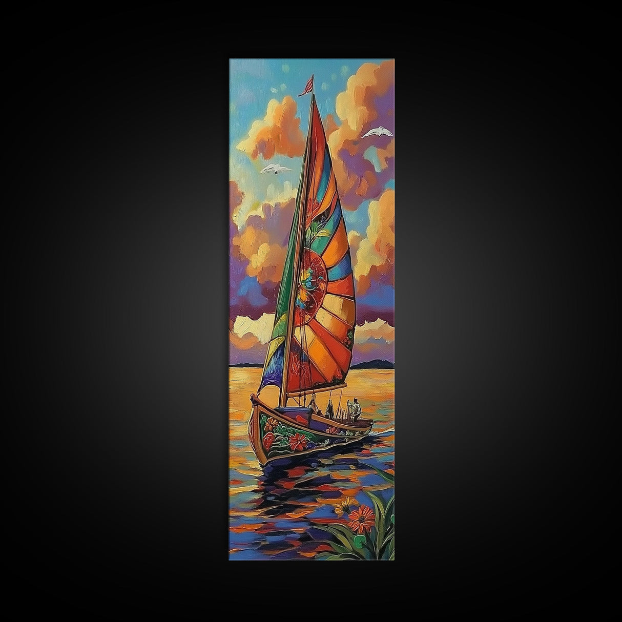 Sailboat Sunset, Nautical Colors, Coastal Adventure Wall Art, Tropical Summer Decor, Beach House Style, Framed Canvas Print