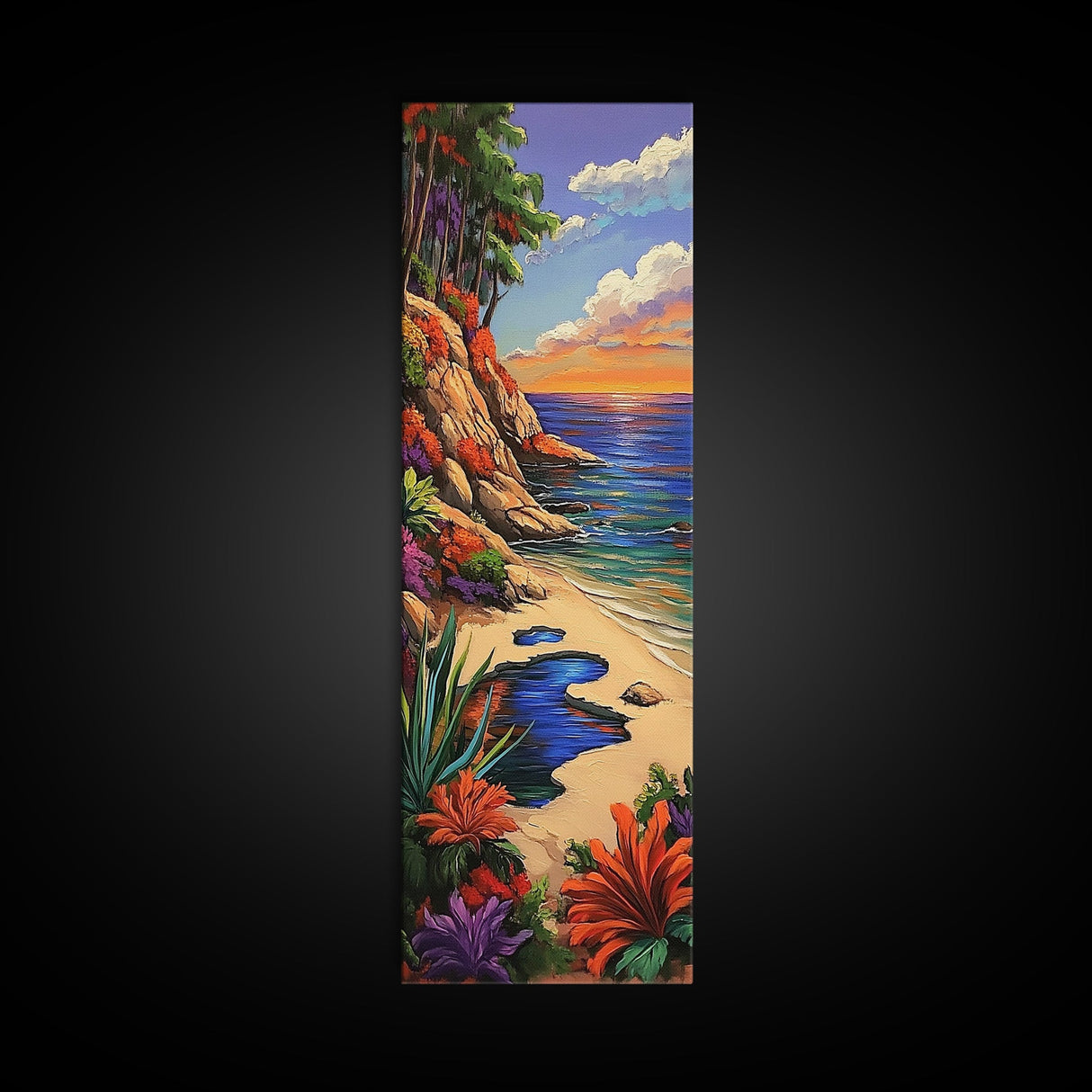 Secluded Beach, Tropical Cliffs, Colorful Coastal Nature Art, Summer Getaway Style, Ocean View Decor, Framed Canvas Print
