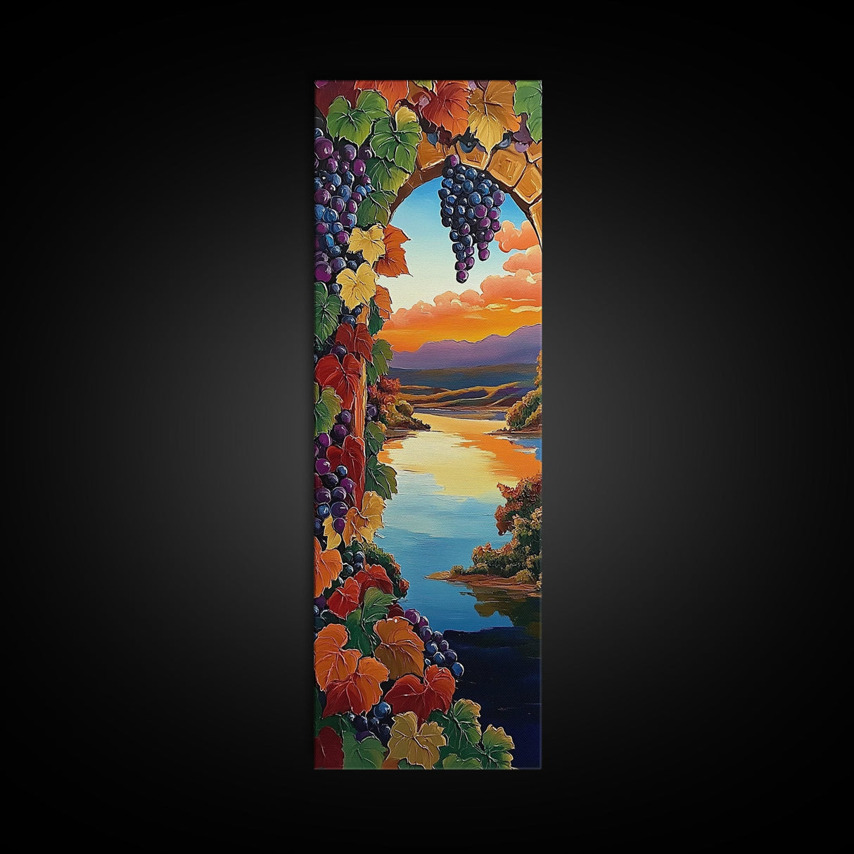 Grapevine Sunset, River, Wine Country Landscape Framed Canvas Print, Kitchen Wall Art, Autumn Boho Decor, Colorful Vineyard Scene