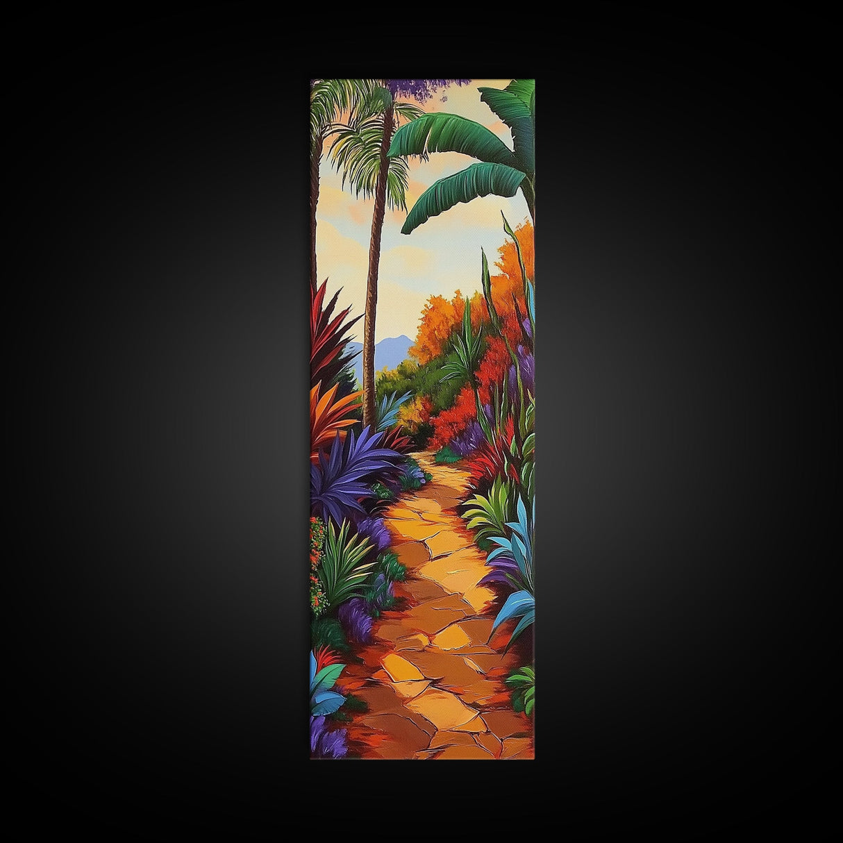Tropical Pathway, Palms, Jungle Walkway Framed Canvas Print, Bohemian Wall Art, Bedroom Botanical Decor, Vibrant Nature Illustration