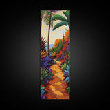 Tropical Pathway, Palms, Jungle Walkway Framed Canvas Print, Bohemian Wall Art, Bedroom Botanical Decor, Vibrant Nature Illustration