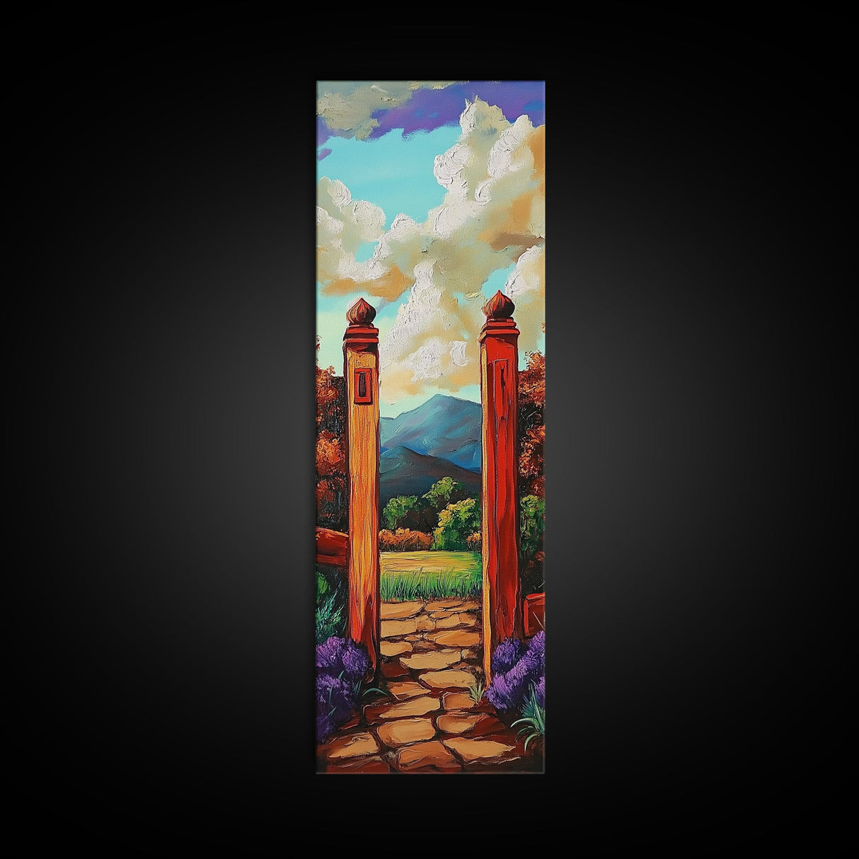 Country Gate, Meadow, Rustic Garden Landscape Framed Canvas Print, Farmhouse Wall Art, Autumn Entryway Decor, Peaceful Nature Scene