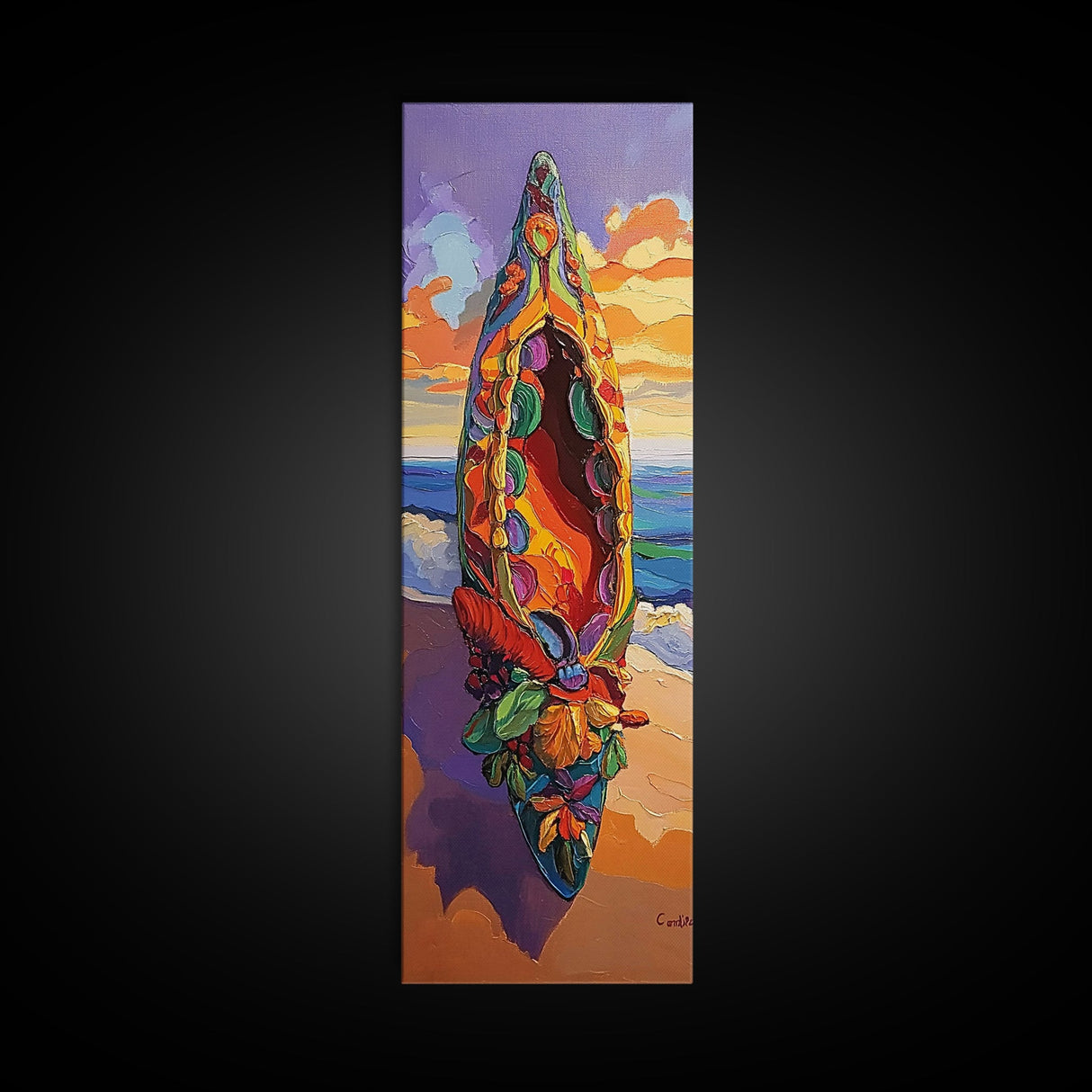 Canoe Beach, Sunset, Vibrant Boat Art Framed Canvas Print, Coastal Wall Decor, Tropical Living Room Art, Colorful Boho Adventure Scene