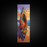 Canoe Beach, Sunset, Vibrant Boat Art Framed Canvas Print, Coastal Wall Decor, Tropical Living Room Art, Colorful Boho Adventure Scene