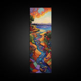 Sunset River, Landscape, Painting, Framed Canvas Print, Vibrant sunset river wall art, nature home decor, mountain style, hallway wall art