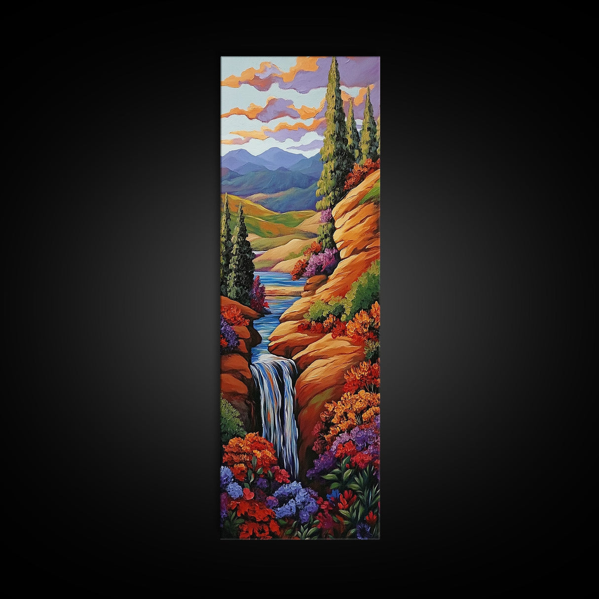 Autumn Waterfall, Flowers, Pathway, Framed Canvas Print, fall waterfall art, floral canyon decor, rustic landscape, living room wall art