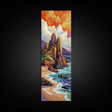 Seascape Beach, Sunrise, Rocks, Framed Canvas Print, Coastal seascape beach painting, vivid sunrise wall decor, coastal living room wall art