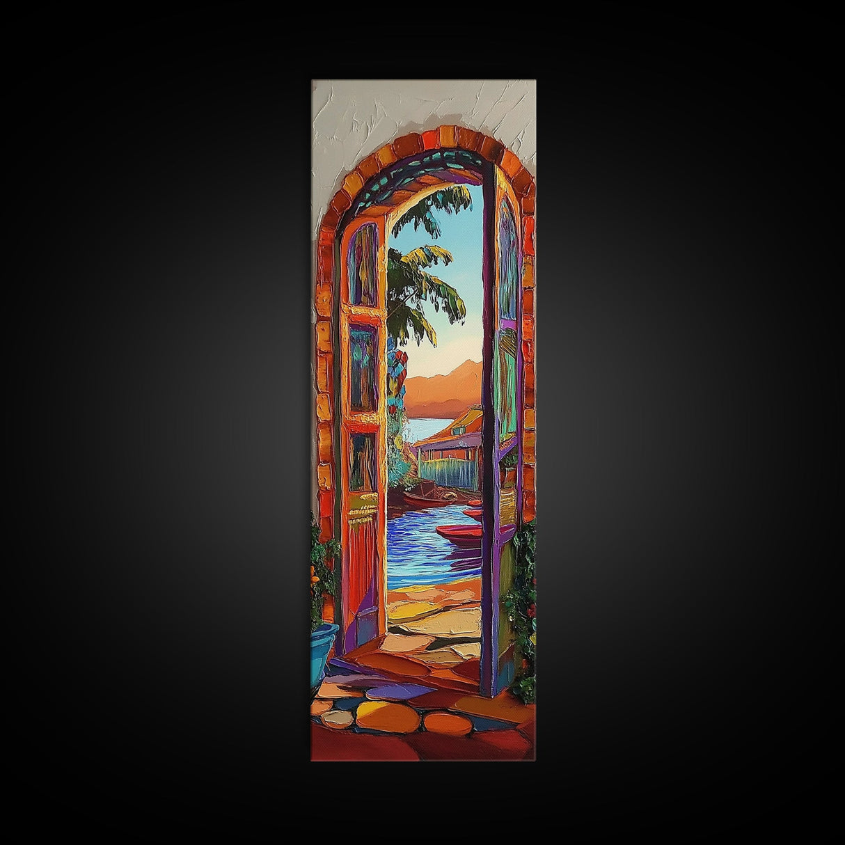 Open Doorway, Water, Boats — Canvas Print of seaside view through open door, perfect Coastal Bathroom Wall Art or Tropical Living Room Decor