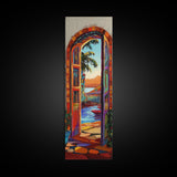 Open Doorway, Water, Boats — Canvas Print of seaside view through open door, perfect Coastal Bathroom Wall Art or Tropical Living Room Decor