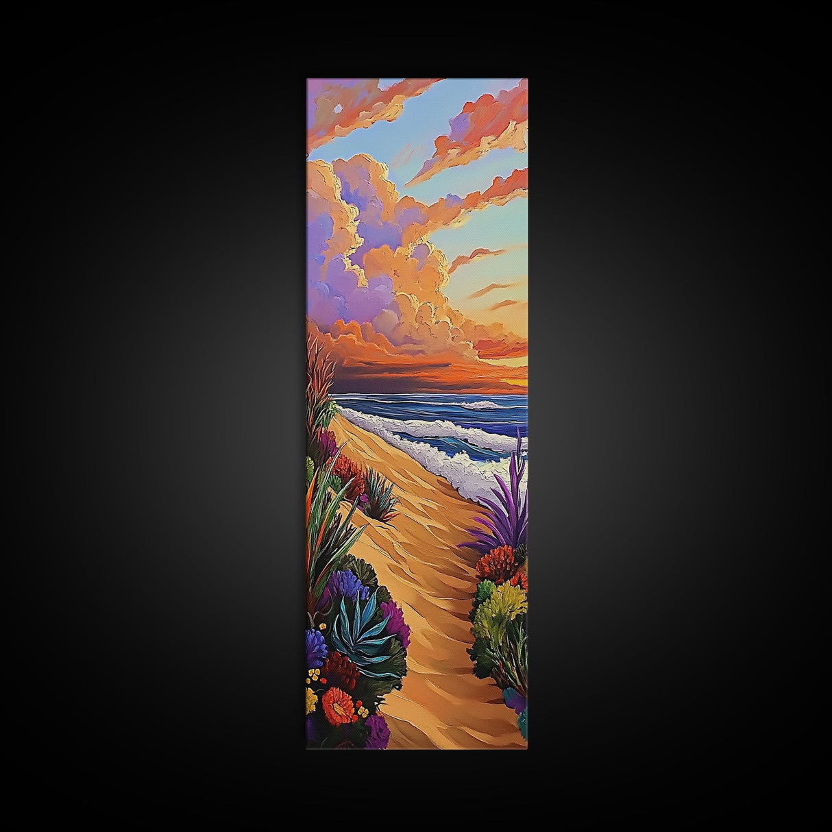 Seaside Sunset, Floral, Ocean Pathway Canvas Print, Vibrant Beach Decor, Coastal Hallway Wall Art, Bold Bohemian Beach Painting