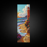 Lighthouse Beach, Nautical, Sunset Glow Framed Canvas Print, Ocean Wall Art, Coastal Living Room Decor, Seaside Boho Painting