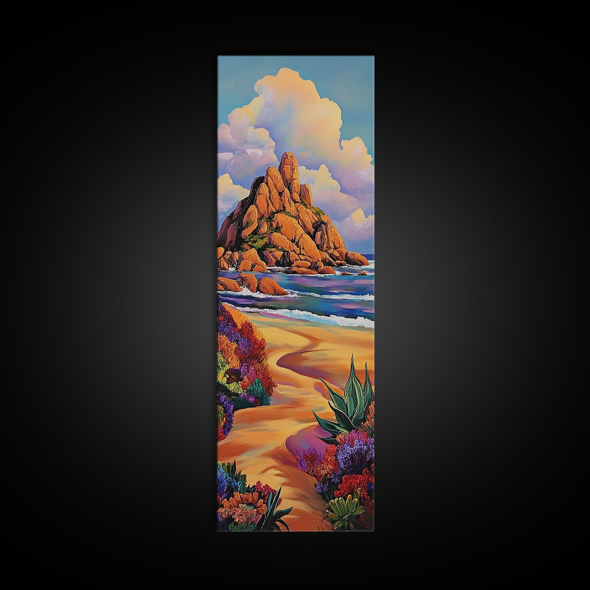 Coastal Path, Mountain, Framed Canvas Print, Vibrant Beach Landscape Wall Art, Desert Coastal Decor, Colorful Nature Living Room Accent
