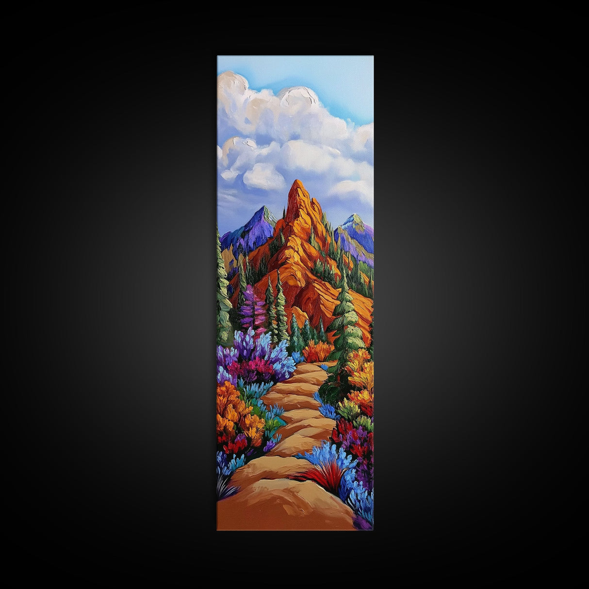 Trail Path, Wildflowers, Mountain View, Nature Escape Scene, Framed Canvas Print, Rustic Boho Wall Art, Cabin Entryway Decor