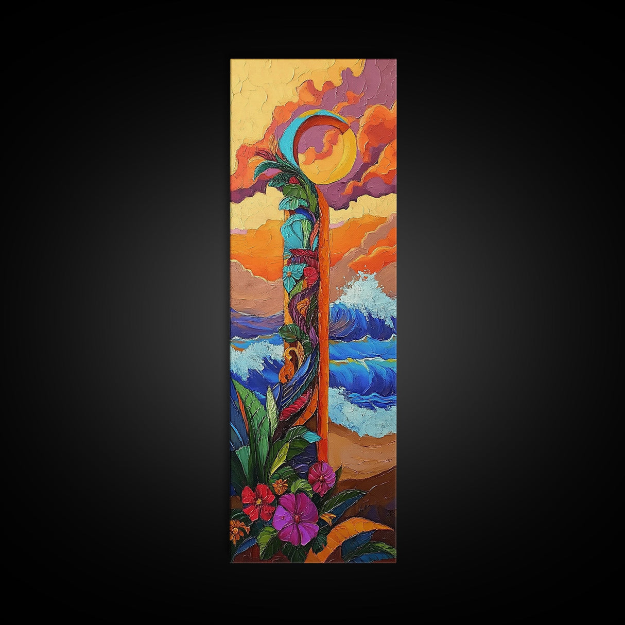 Sunset Waves, Flowers, Canvas Print, Tropical sunset beach painting with waves and floral details, boho decor, hallway wall art