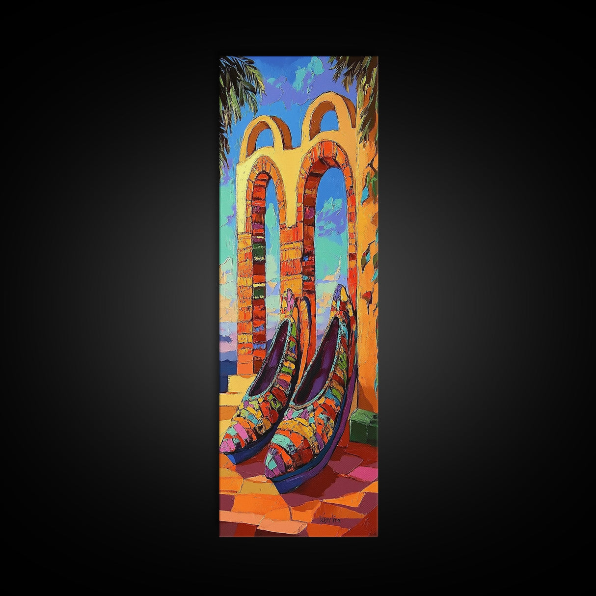 Shoes Archway, Sunset, Canvas Print, Colorful heels with sunset archway background painting, eclectic fashion art, bedroom decor