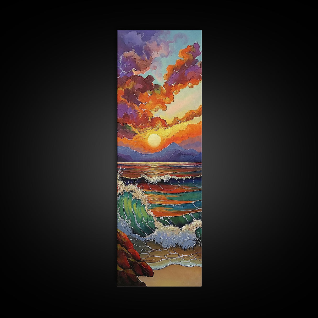 Sunset Seascape, Waves, Ocean Framed Canvas Print vivid wave crashing art, colorful sky landscape, modern coastal art, beach house decor