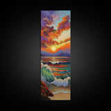 Sunset Seascape, Waves, Ocean Framed Canvas Print vivid wave crashing art, colorful sky landscape, modern coastal art, beach house decor