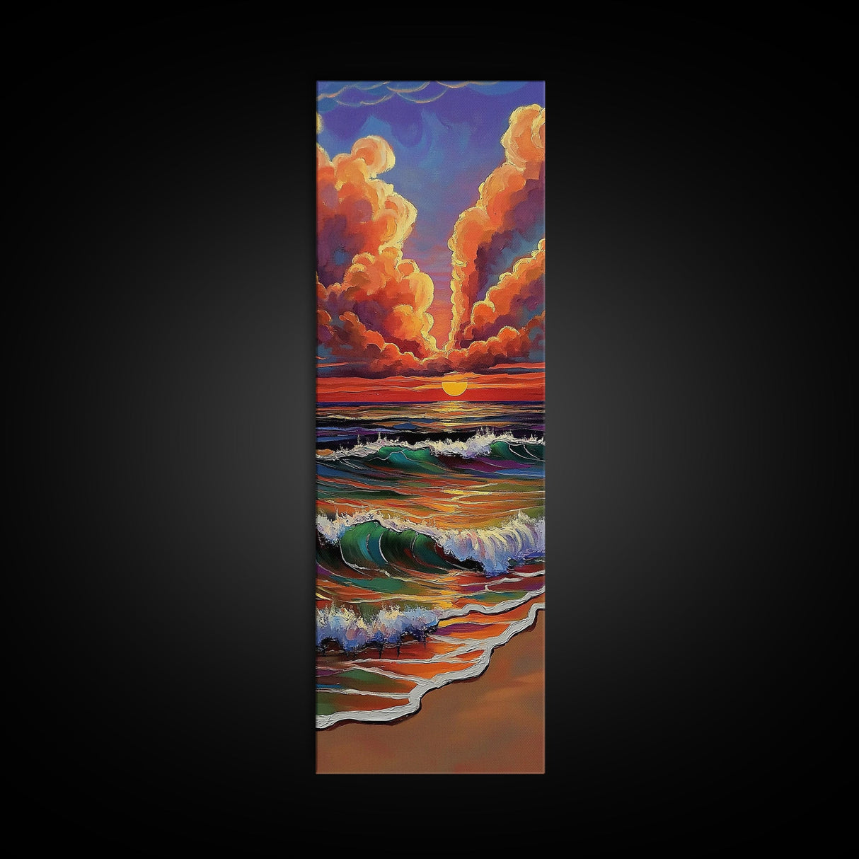 Ocean Sunset, Glow, Waves Framed Canvas Print glowing beach sunset wall art, vivid wave painting, warm coastal decor, boho beach house art