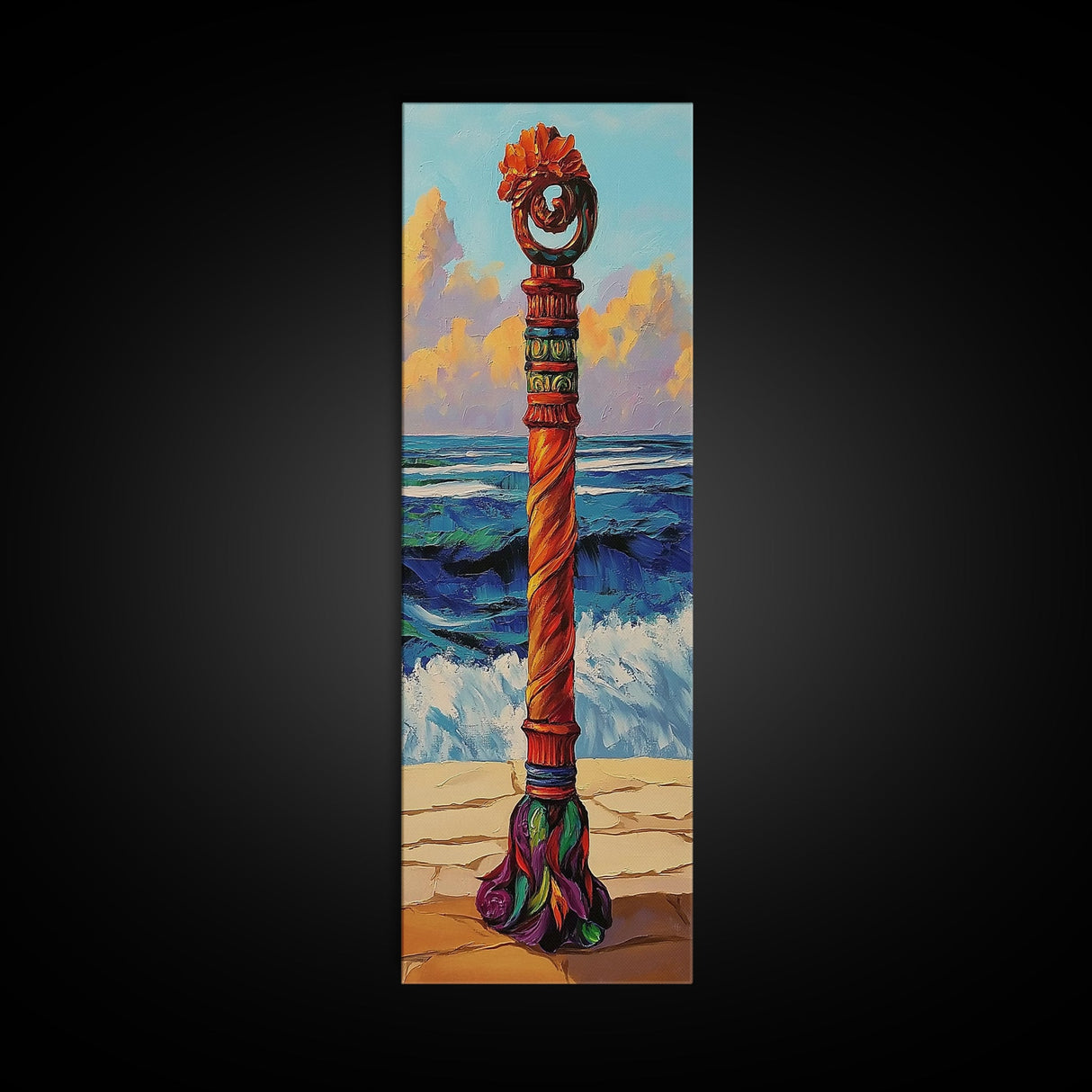 Coastal Totem, Bold, Art, Framed Canvas Print tropical tribal decor, ocean beach vibes, colorful surfside pole painting, seaside living room