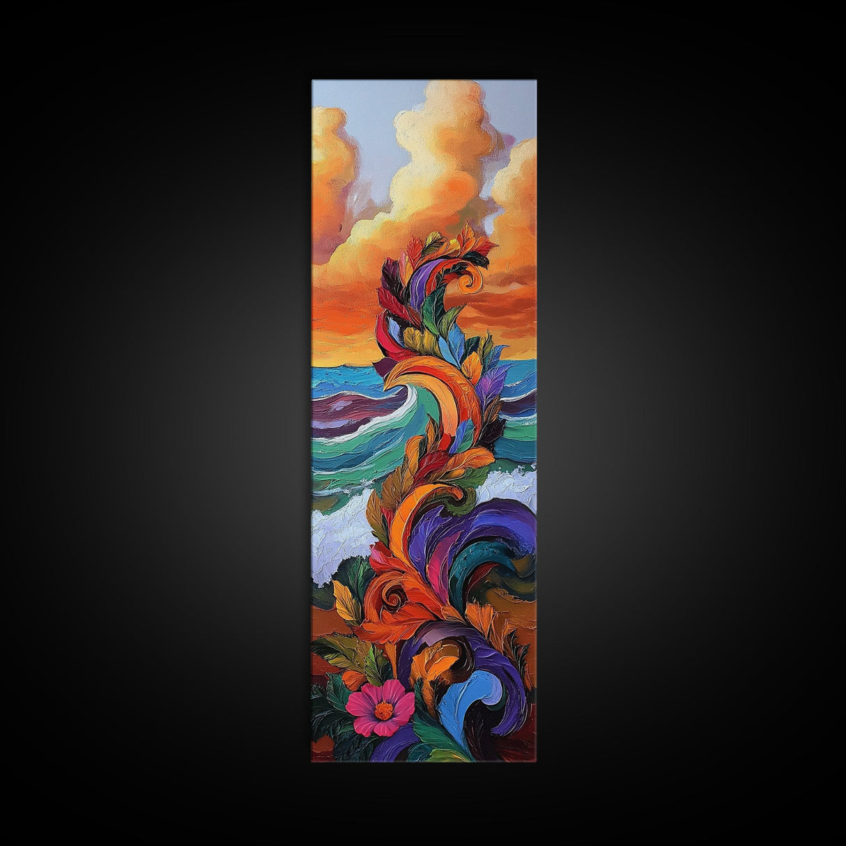 Wave Leaves, Sunset, Canvas Print, Abstract Ocean Wall Art, Bright Boho Decor, Living Room Seascape, Coastal Nature Painting